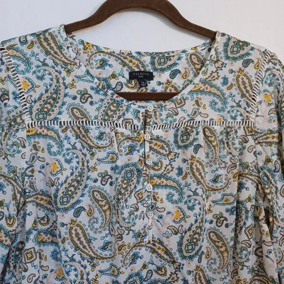 Talbots Top Green Pink Paisley Print‎ Cotton Popover Blouse Womens Large Petite - Picture 8 of 11